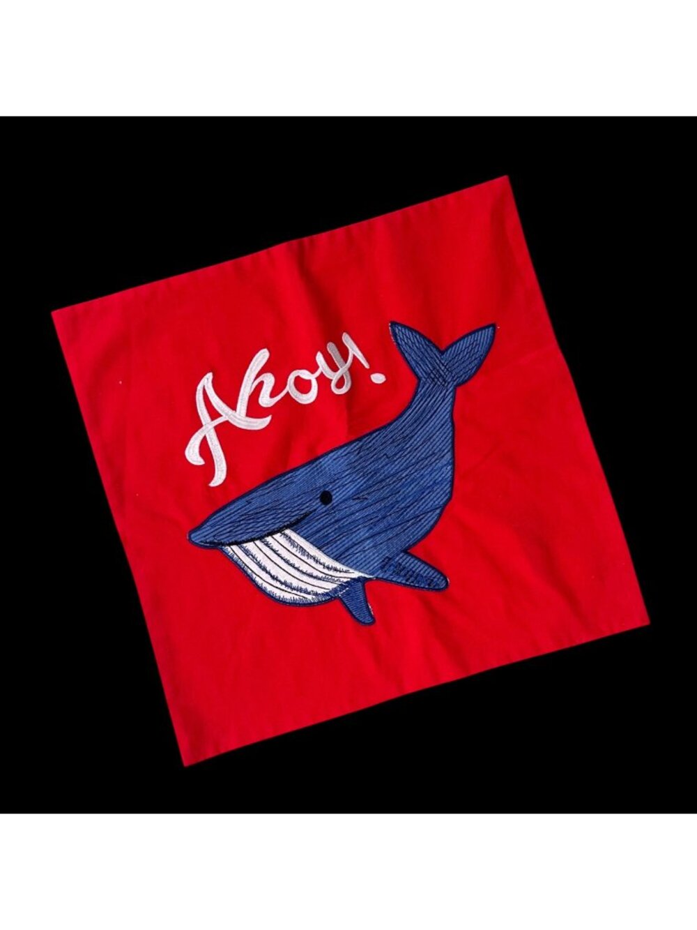Ahoy Whale Pillow Cover Embroidered Red Blue Nautical Beach Fish Decor - Picture 1 of 10